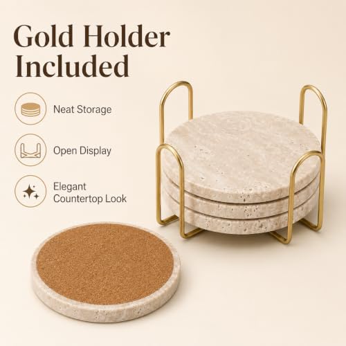 Travertine Coasters with Gold Holder, Cork Backing - Image 5