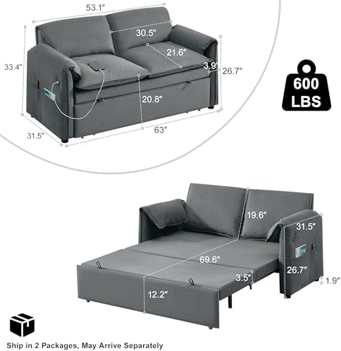 63" Pull Out Loveseat Sofa Bed, Velvet Convertible Sleeper Sofa - Image 2