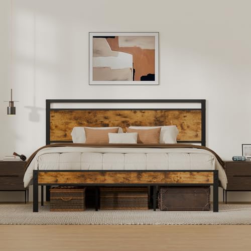 King Metal Bed Frame&Wood Headboard, Footboard&Underbed Space, Vintage Brown by Z-HOM