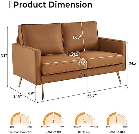 VINGLI 56" Modern PU Leather Loveseat, Small Sofa Couch Deep Seat - Image 3