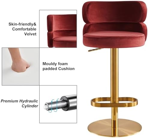 Modern Velvet Bar Stool, Swivel Adjustable Height Kitchen Counter Stool - Image 3