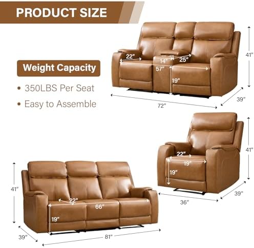 CANMOV Genuine Leather Power Recliner Sofa Set, Living Room Furniture Sets 3 - Image 2