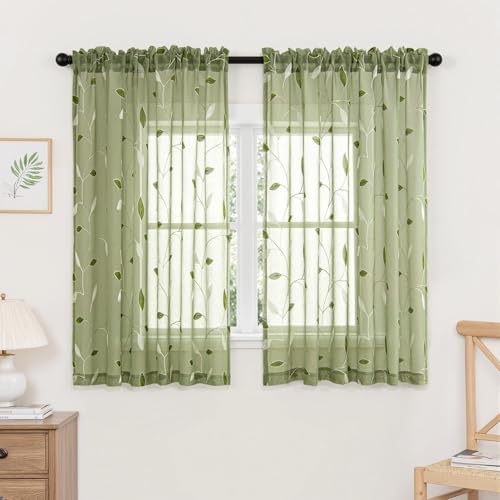 MIULEE Sage Green Sheer Curtains 2 Panels Leaf Patterned, W52 x L45 by MIULEE
