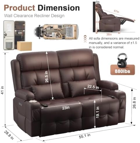 Reclining Loveseat Sofa, RV Loveseats Recliner Sofas Wall Hugger, Double - Image 2