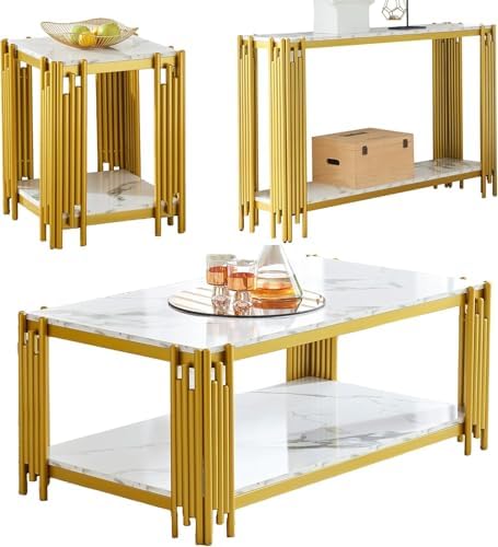 White Marble Coffee Table Set of 3, Faux Marble Coffee Tables, Console Table by Unknown