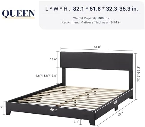 Allewie Queen Size Faux Leather Bed Frame, Adjustable Headboard - Image 2