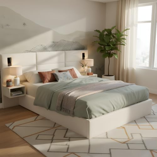 Queen Size Bed Frame with LED Lights and Floating Shelves, Modern Chenille - Image 6
