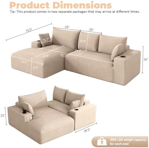 ONEMMLION 113" L-Shaped Cloud Boneless Couch Sofa - Image 2