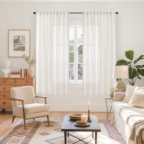 YoungsTex Ivory White Linen Sheer Curtains 52 X 63 Inch Length - Image 2