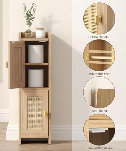 Akxomel Rattan Small Bathroom Cabinet Narrow Toilet Paper Organizer Oak - Image 5