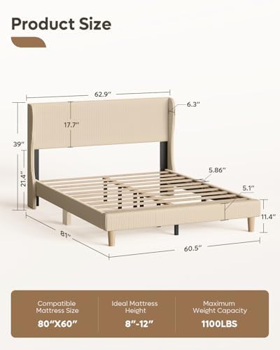 Bestier Queen Bed Frame with Wingback Headboard, Upholstered - Image 2