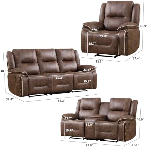 EBELLO Faux Leather Manual Recliner Sofa Set, 1 Seat Reclining Chair, a Loveseat - Image 2