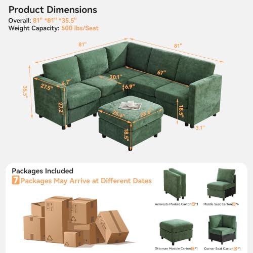 81'' V Shaped Modular Sofa, Storage Sectional Living Room Couch, Dark Green - Image 2