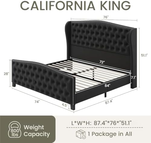 LARMACE California King Size Bed Frame Velvet Upholstered Platform Bed - Image 2