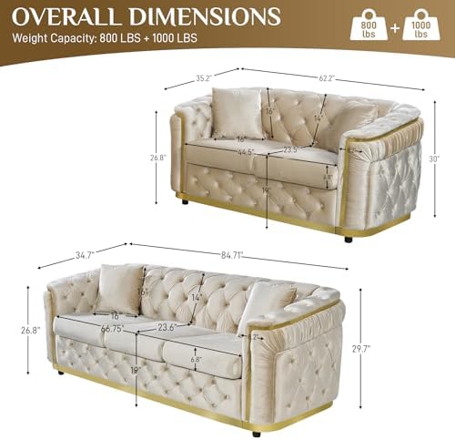 62.5"+84.6" Velvet Sofa Set, Chesterfield Tufted - Image 2