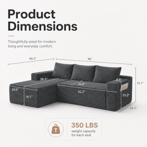 96 inch Boneless Couch, Modular L-Shaped Cloud Sectional Sofa, Dark Grey - Image 2