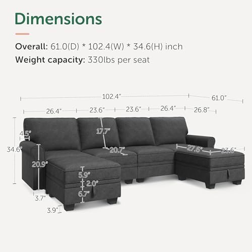 HONBAY Sectional Sofa with Storage Seat U Shaped Couch with Reversible Chaise - Image 2
