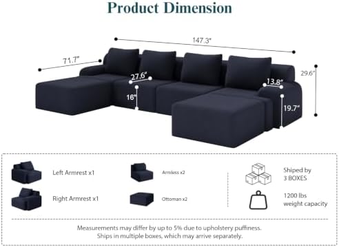 147" Boneless Couches for Living Room Oversized U-Shaped Blue-Grey - Image 2