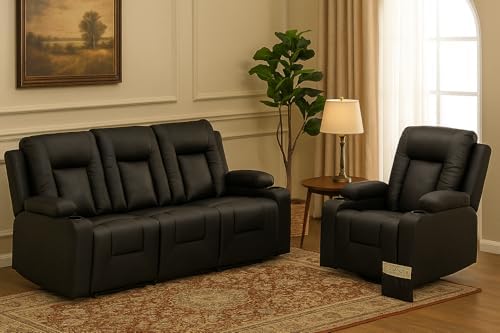 LUCKLIFE Faux Leather Recliner Sofa Set, Manual Living Room Furniture Sets by Unknown