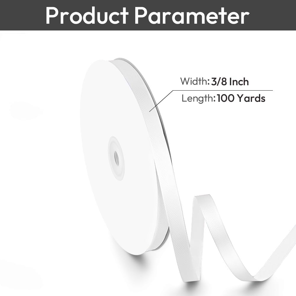 3/8" Width x 100 Yards Satin Ribbon, Small White Ribbon Perfect for DIY Craft, Bows, Gift Wrapping, Flower Bouquet, Valentine's Day, Christmas and Party Decoration