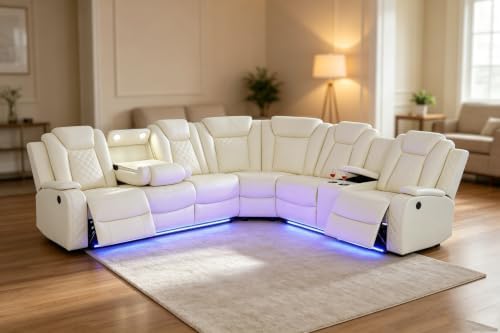 Breathing Leather Reclining Sofa Set, Power Recliner Sectional Couch by COSYMOORFURNITURE