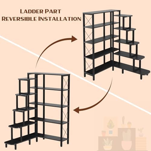 Corner Bookshelf Bookcase, Large Reversible 5 Tier Ladder Shelves Storage - Image 5