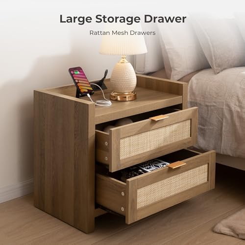 SICOTAS Night Stand with 2 Large Drawers : Rattan Bedside Table - Image 3