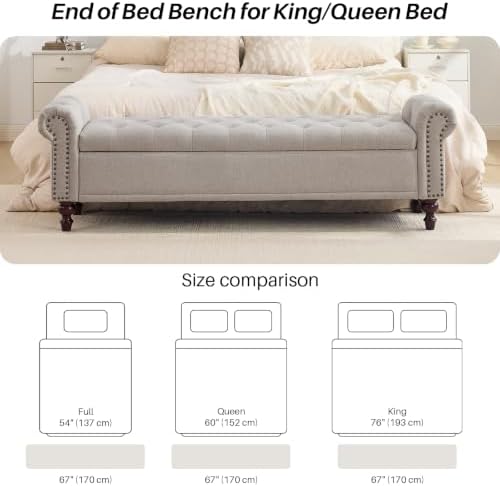 SOFTHION 67" Storage Bench for Bedroom, Linen Upholstered, Light Brown - Image 5