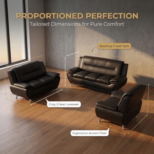 3 Piece Faux Leather Sofa Set for Living Room, Modern Living Room Furniture Set - Image 2