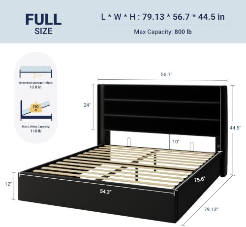 Allewie Full Size Lift Up Hydraulic Storage Bed Frame Black - Image 2