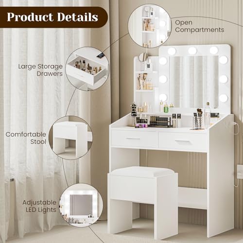Vanity Desk with Power Outlet, Makeup Vanity with Large Mirror and LED Lights - Image 6