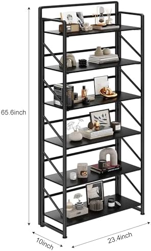 JSB No Assembly Folding Bookshelf, 6 Tier Industrial Metal Book Shelf - Image 3