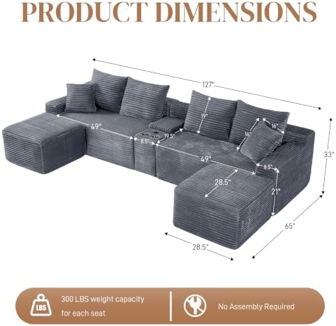 127" U Shaped Cloud Couch Modular Sectional Sofa, Comfy Fluffy Corduroy Grey - Image 2