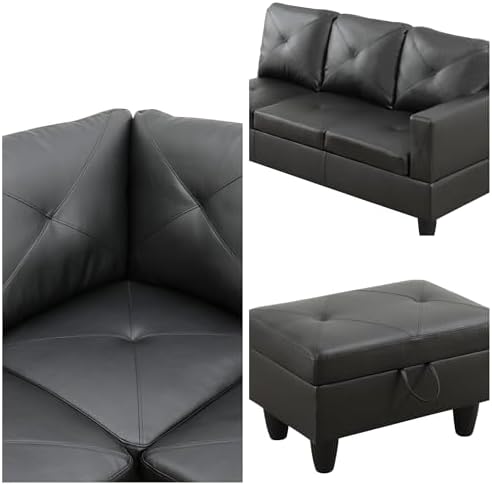 L-Shaped Sectional Sofa with Movable Chaise & Storage Ottoman, Leather 3-Piece - Image 6