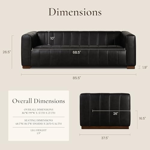 Poly & Bark Canale 86" Sofa – Onyx Black Italian Leather, Channel-Tufted - Image 2