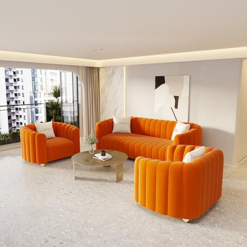 3-Piece Orange Velvet Tufted Sofa Set - Image 2