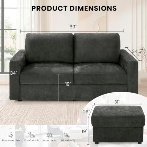 69” Chenille Loveseat Couch W/Movable Ottoman - Image 2