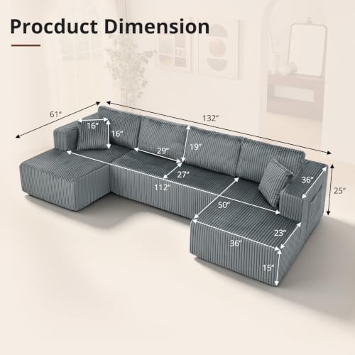 Skepphlay 132" U Shaped Couch, Boneless Sectional Couches - Image 2