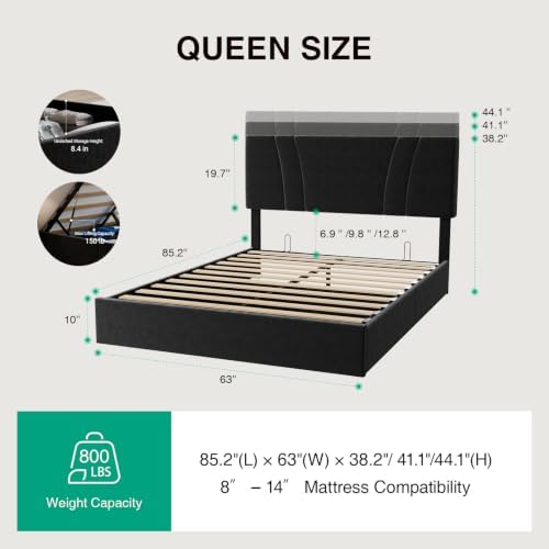 Novilla Queen Lift Up Storage Bed Frame/Charging Station/LED Light - Image 2