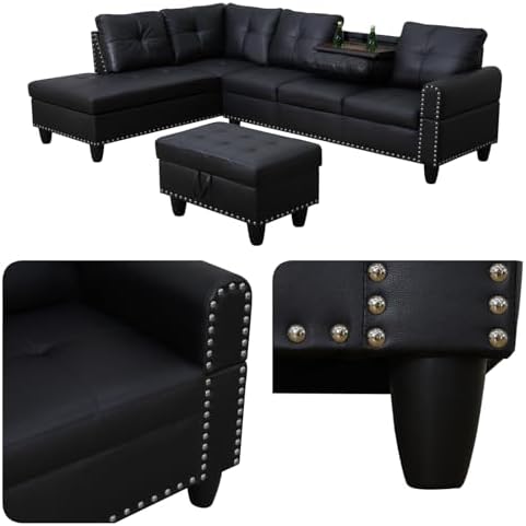 Leather L-Shaped Couch Set, 97.5"L x 69.5"W Sectional Sofas Black - Image 4