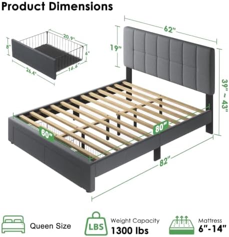 Marsail Queen Bed Frame with 2 Storage Drawers & Upholstered Adjustable - Image 2