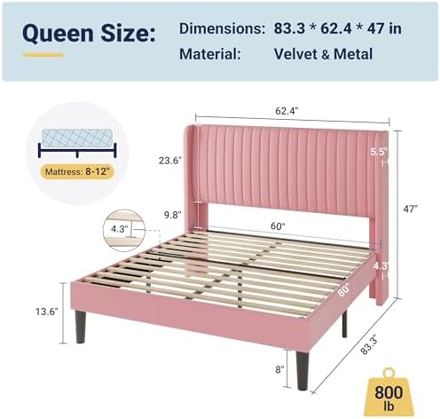 Allewie Queen Size Velvet Bed Frame/Vertical Channel Tufted Wingback - Image 2