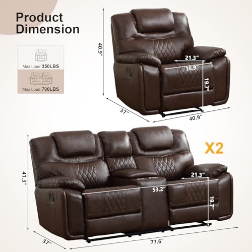 ANJ 3-Piece Manual Reclining Sofa Set, Premium Genuine Leather Reclining Sofas - Image 2