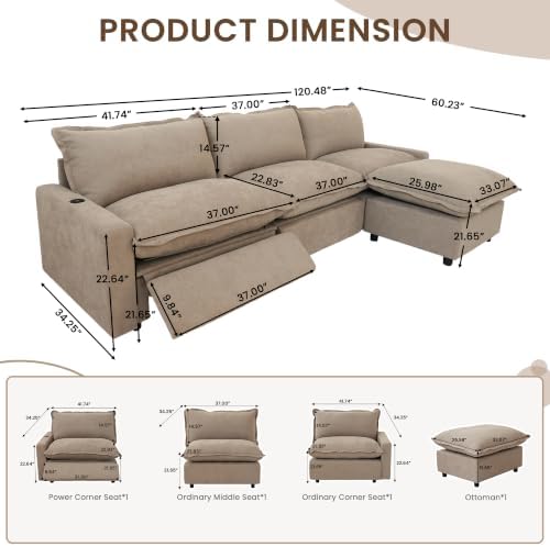 L-Shaped Power Recliner Modular Sectional Couch, 116 Inch Cloud Sofa - Image 2