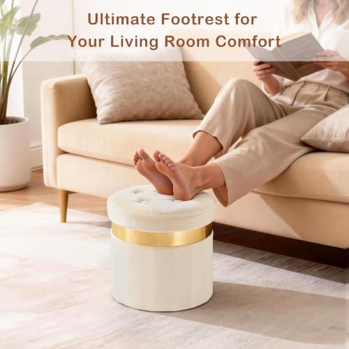 xuperbonus Small Ottoman with Storage, Folding Round Ottoman with Gold Trim - Image 5