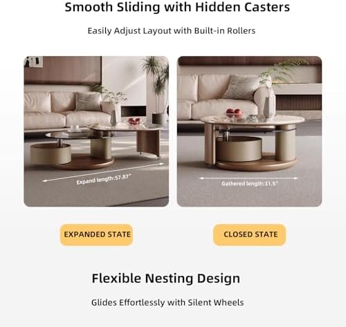 Round Coffee Table for Living Room, Modern Marble Top Expandable Coffee Table - Image 6