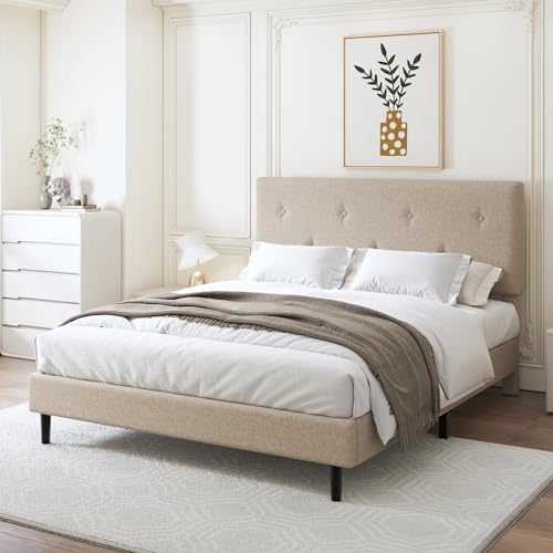 Full Size Linen Bed Frame with Adjustable Headboard Beige - Image 5