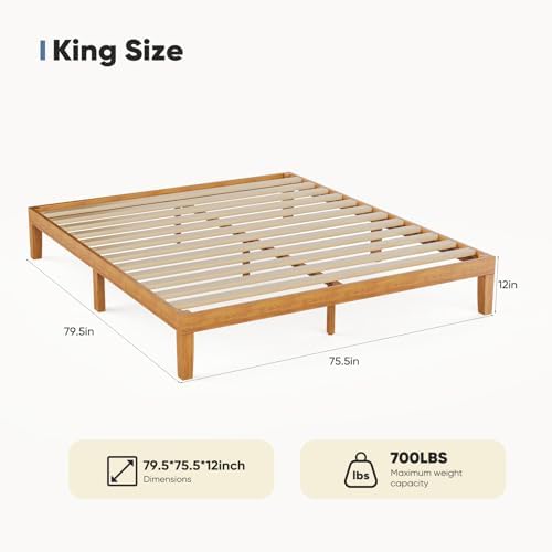 DUMOS Solid Wood Platform King Size Bed Frame, 12inch Wooden Mattress Foundation - Image 2