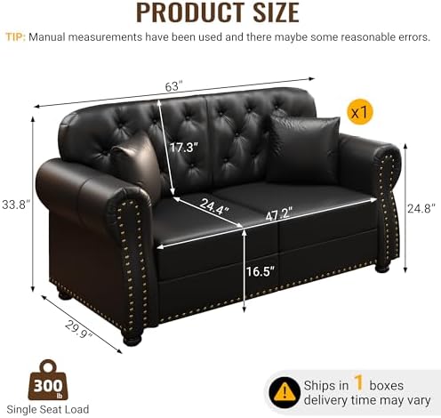 KEIKI 63" Faux Leather Chesterfield Sofa - Image 2