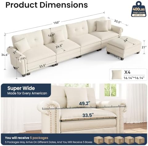 PHI VILLA 150" Oversized Modular Sectional Couch L Shaped - Image 2